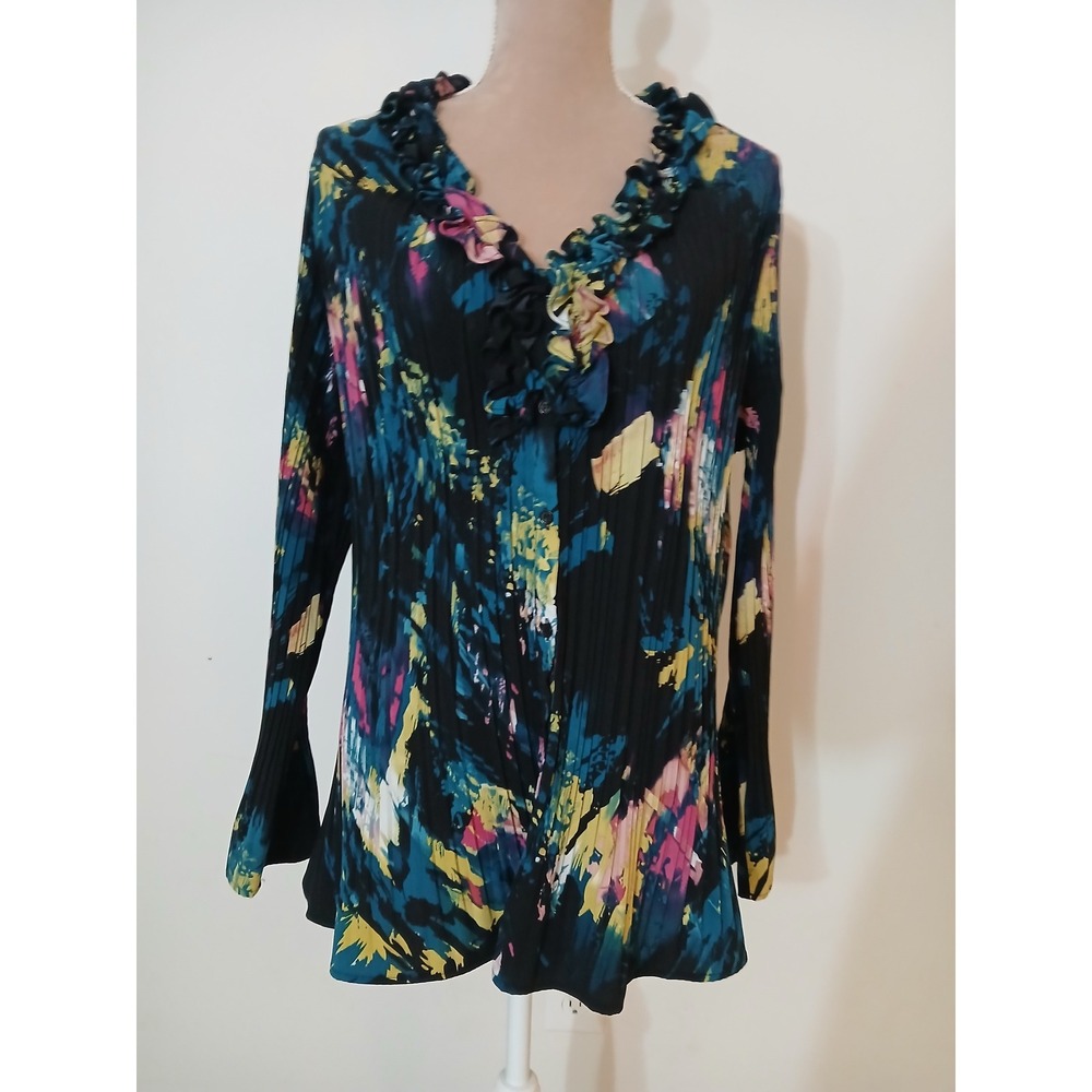 East 5th Woman Blouse 3X Black Abstract Ruffle V-Neck Pleated Modest Top